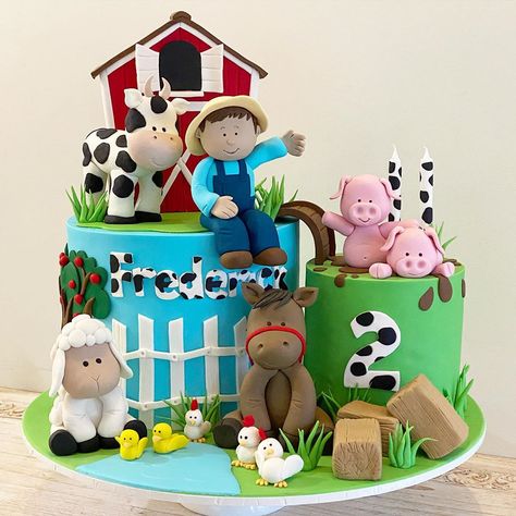 Welcome to Mastello Creations on Instagram: “A cute farm yard themed cake for little Frederick’s 2nd birthday. So much fun working on this design. . . . #farmcake #birthdaycake…” Birthday Cake Farm Animals, Cake Farm Animals, Birthday Cake Farm, Farmer Birthday Cake, Cake Farm, Farm Birthday Cakes, Barnyard Cake, Farm Animal Cakes, Jungle Theme Birthday Party