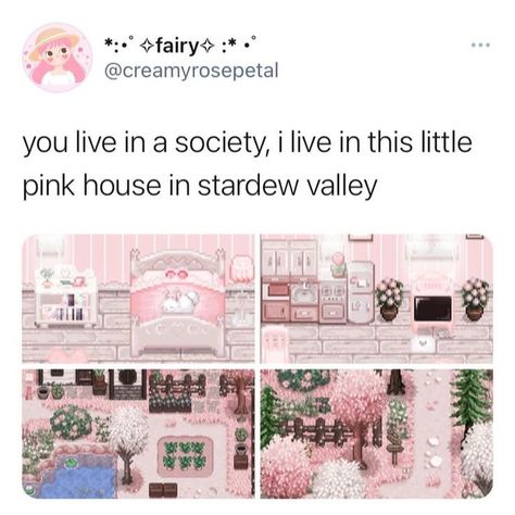 Stardew Valley Pink Aesthetic, Stardew Valley Coquette, Stardew Valley Pink House, Haley Stardew Valley Aesthetic, Kawaii Stardew Valley, Aesthetic Stardew Valley Farms, Pink Stardew Valley, Animal Crossing Pink Island, Aesthetic Stardew Valley