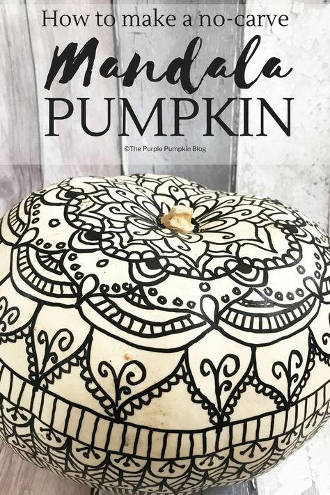 How to make a no-carve Mandala Pumpkin. No carving tools required for this pretty pumpkin! Using markers you can draw a mandala on a pumpkin for a gorgeous alternative to a regular Jack o'Lantern! There is a also a free printable to practise on before drawing on your pumpkin! #Mandala #Pumpkins #Halloween Zentangle Pumpkins, Mandala Pumpkin, Pumpkin Mandala, Pretty Mandala, Pumpkin Idea, Halloween Pumpkin Stencils, Peter Peter Pumpkin Eater, Owl Pumpkin, Creative Pumpkin Carving