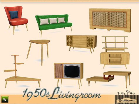 Let your Sim rock the 50ies!  Found in TSR Category 'Sims 3 Living Room Sets' Sims 4 Cc Mid Century, Sims 4 Mid Century Modern, 70s Couch, 50s Room, Sims 3 Living Room, 1950s Living Room, 50s Furniture, Mid Century Modern Bathroom, Cc Furniture