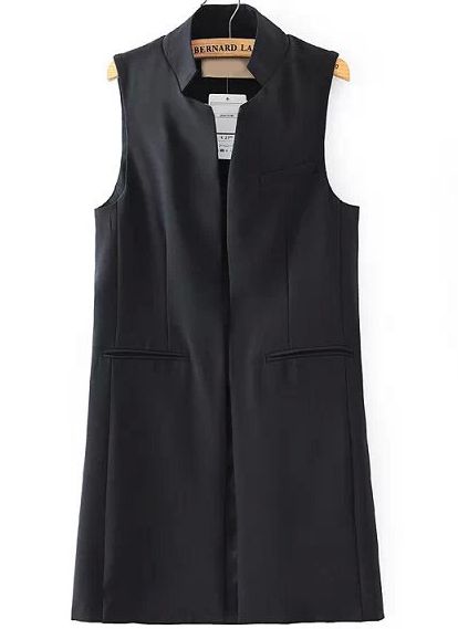 Black Stand Collar Sleeveless Split Back Vest 26.60 Long Vest Jacket, Long Sleeveless Vest, Long Waistcoat, Womens Waistcoat, Open Front Vest, Waistcoat Woman, Chic Coat, Long Vest, Long Vests