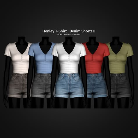 Henley T-Shirt · Denim Shorts II | Patreon Sims 4 Henley Top, Gorilla Gorilla, Sims 4 Tsr, Sims 4 Traits, Sims 4 Cas Mods, Pelo Sims, Clothes Cc, Sims 4 Cc Folder, Sims 4 Teen