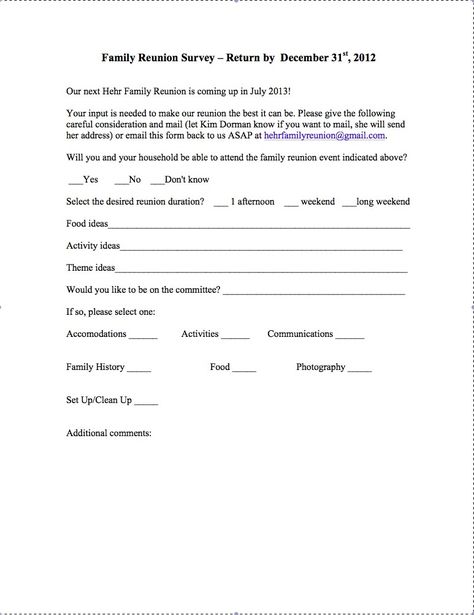 Family Reunion Questionnaire, Family Reunion Survey Questions, Family Reunion Planning Templates, How To Plan A Family Reunion, Planning Family Reunion, Family Reunion Address Book, Reunion Checklist, Friend Reunion, Family Reunion Themes