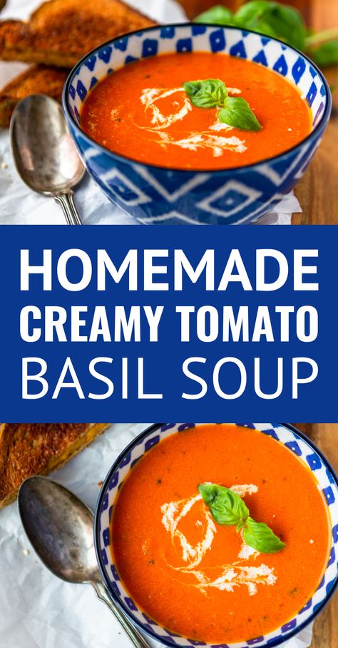 Creamy Tomato Basil Soup -- this homemade tomato basil soup recipe is a total copycat of my favorite soup at First Watch! Ready to serve in under 30 minutes and just perfect paired with a hot and melty classic grilled cheese sandwich... | creamy tomato soup | tomato soup easy | tomato soup recipe | easy tomato basil soup | best tomato basil soup #tomatosoup #tomatobasil #tomatobasilsoup #tomatobasilbisque #soup #souprecipes #souprecipeseasy #soupinspiration #easyrecipe Homemade Tomato Basil Soup, Easy Tomato Soup Recipe, Basil Soup Recipe, Tomato Basil Soup Recipe, Soup Tomato, Creamy Tomato Basil Soup, Tomato Soup Easy, Classic Grilled Cheese, Tomato Soup Homemade