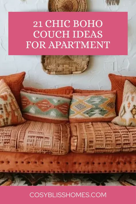 A stylish boho chic couch featuring Southwestern designs perfect for modern apartment living. Discover various unique ideas to elevate your home decor! Stylish Futon Couch, Boho Sofa Cover, Boho Living Room Furniture Ideas, Diy Floor Sofa, Boho Studio Apartment Ideas, Small Living Room Ideas Apartment Cozy, Stylish Couch, Couch Designs, Boho Couch