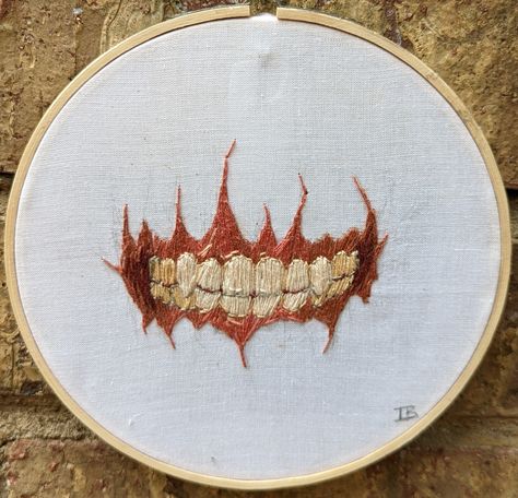 Hand sewn embroidery of teeth with found fabric on embroidery circle. 6x6 inches wide, with hanger on the back for wall hanging. Beads In Embroidery, Simple Embroidery Designs Hoodie, Patching A Hole With Embroidery, Hand Stitching Embroidery, Found Art Projects, Hand Stitching Designs, Fourth Of July Embroidery, Dark Embroidery Designs, Stuffed Embroidery