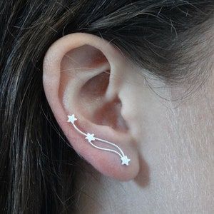 Pleiades Constellation Sterling Silver Ear Climbers Seven | Etsy Full Ear Earrings, Edgy Silver Earrings, Climber Earrings Silver, Unique Closet, Ear Peircings, Climbing Earrings, Ear Cuff Jewelry, Silver Ear Climbers, Celestial Earrings