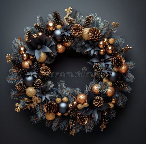 Black and Gold Christmas Wreath With Pine Cones and Ornaments royalty free stock image Black And Gold Christmas Wreath, Christmas Wreaths Gold, Black And Gold Ornaments, Black Wreaths, Black And Gold Christmas, Advent Wreaths, Gold Christmas Wreath, Black Gold Christmas, Large Christmas Wreath