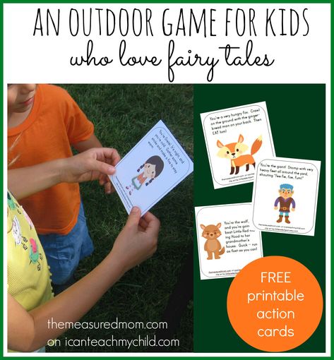 This outdoor game for kids who love fairy tales comes with its own printable cards! Each card has an action related to a different fairy tale! Fairy Tales Preschool, Summer Outdoor Games, Fairy Tale Activities, Fairy Tales Unit, Fractured Fairy Tales, Fairy Tale Theme, Traditional Tales, Outdoor Game, Summer Reading Program