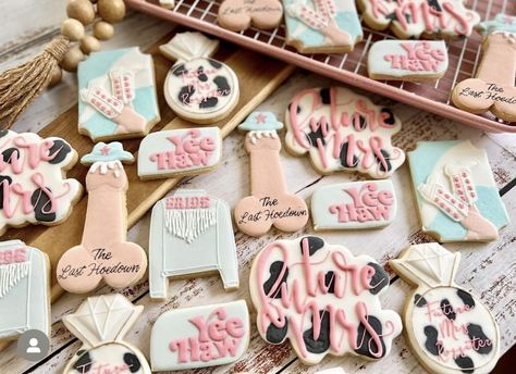 Farm Bachelorette Party Ideas, Not Cheesy Bachelorette Shirts, Wild West Hens Party, Last Hoedown Bachelorette Party Cookies, Last Hoedown Cookies, Last Rodeo Bachelorette Cake, Spicy Bachelorette Party, Last Rodeo Bachelorette Party Cookies, Hen Party Cookies