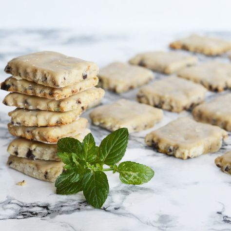 Mint Chocolate Chip Shortbread Cookies, Fresh Mint Cookies, Fresh Mint Desserts, Fresh Mint Recipes Dessert, Fresh Mint Recipes, Mint Baking, Mint Recipes Dessert, Mint Sugar Cookies, Chocolate Chip Shortbread