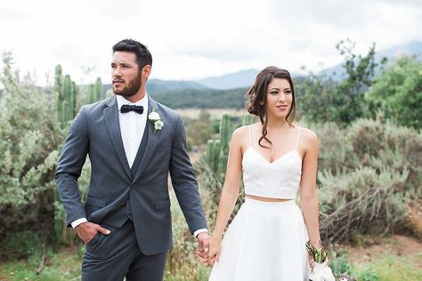 Minimal Rustic Wedding in Ojai Bride Two Piece Dress, Minimal Rustic Wedding, Bride Two Piece, Outdoor Wedding Shoot, Dress With Crop Top, Minimal Rustic, Floral Boutonniere, Notch Lapel Suit, Rustic Outdoor Wedding