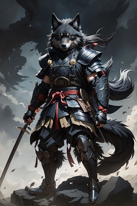 Samurai Illustration, Wolf Warriors, Fantasy Wolf, Wolf Spirit Animal, Japanese Warrior, Samurai Tattoo, Wolf Spirit, Dungeons And Dragons Characters, Samurai Warrior