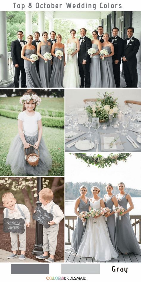 Top 8 October Wedding Colors - Gray Wedding #colsbm #weddings #weddingideas #graywedding Fall Bridesmaid Dresses Burgundy, Bridesmaid Dresses Mismatched Purple, Fall Bridesmaid Dress Colors, Bright Bridesmaid Dresses, October Wedding Colors, Bridesmaid Dresses Long Blue, Grey Wedding Theme, Pink Bridesmaid Dresses Long, Rustic Bridesmaid Dresses