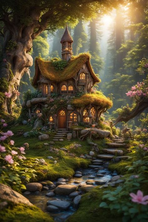 Fantasy Cottage Art, Fantasy Cabin, Houses Wallpaper, Tiny Glade, Magical Village, Woods Painting, Fairytale Houses, Fantasy Houses, Fantasy Cottage