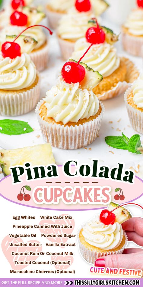 Pina Colada Cake Recipe, Pina Colada Cupcakes, Cake Mix Cupcakes, Pina Colada Cake, Boozy Cupcakes, Tropical Desserts, Coconut Cupcakes, Cupcakes Recipe, Pineapple Cake