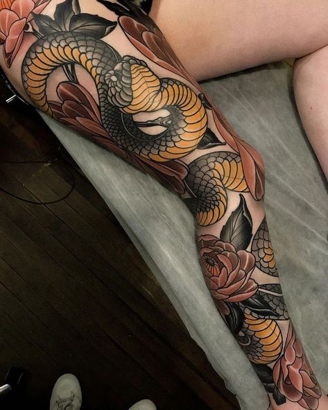 Japanese Snake Leg Sleeve, Neo Trad Japanese Tattoo, Full Body Snake Tattoo, Sam Clark, Random Tattoos, Art Homework, Snake Tattoos, Full Leg Tattoos, Leg Sleeve