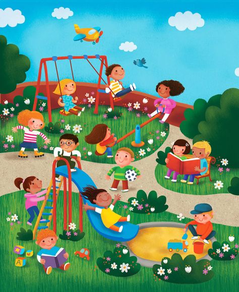 Preschool Playground, Picture Comprehension, Picture Composition, School Illustration, Illustration Styles, Vector Graphics Design, Children's Illustration, Background Design Vector, Picture Story