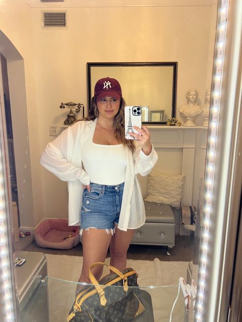 Baseball hat, high waisted shorts, white longsleeve, halter bodysuit