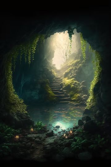 Water Cave Fantasy Art, Mystical Cave Art, Green Forest Fairy Aesthetic, Forest Cave Fantasy Art, Cave Aesthetic Forest, Cave In The Woods, Magical Concept Art, Dragon Cave Art, Cave Graphic Design