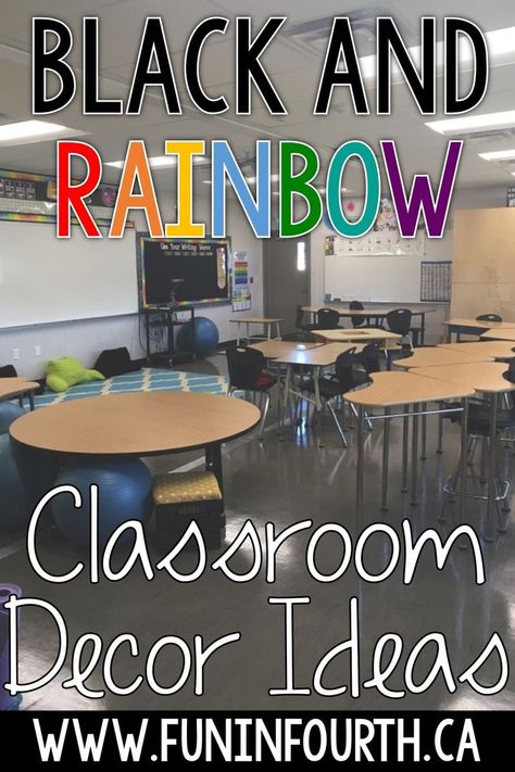 Check out this black and rainbow elementary classroom. Classroom library  labels, flexible seating, and other ideas for student learning are  shown. Black And Rainbow Classroom, Classroom Library Seating, Classroom Library Labels, Library Seating, Classroom Decor Ideas, Rainbow Classroom Decor, Classroom Desk, Rainbow Classroom, Creative Teaching Press