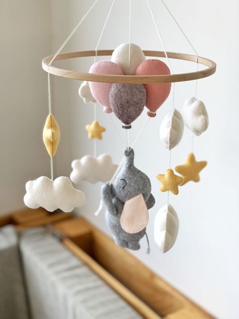 Elephant Nursery Girl, Elephant Baby Mobile, Elephant Themed Nursery, Elephant Balloon, Diy Baby Mobile, Baby Gift Hampers, Baby Boy Room Decor