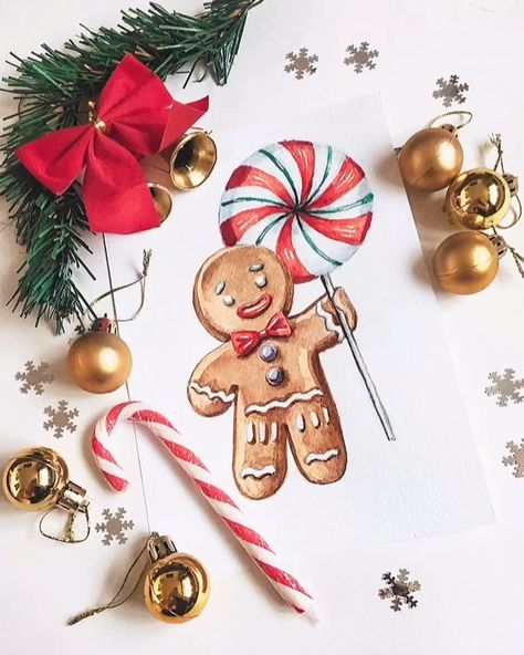 Watercolour Gingerbread Man, Christmas Paintings Gingerbread, Gingerbread Man Cards, Watercolor Christmas Illustration, Colored Pencil Christmas Cards, Christmas Drawing Gingerbread, Cute Christmas Card Ideas Drawing, Gingerbread Christmas Card, Christmas Cute Art