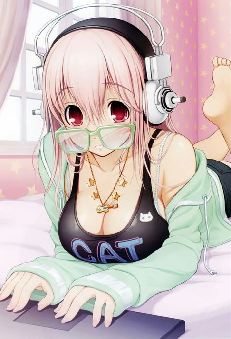 Tsuji Santa, Super Sonico, Pink Eyes, Vest White, Headphones, Bra, Bed, Anime