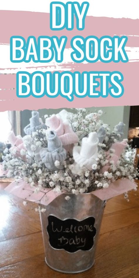 Baby Shower Sock Bouquet, How To Make A Sock Bouquet, Onsie Bouquet Diy, Easy Flower Bouquet Diy, Centerpieces For Baby Shower Girl, Diaper Bouquet Diy, Onesie Bouquet, Baby Socks Flowers, Baby Washcloth Flowers