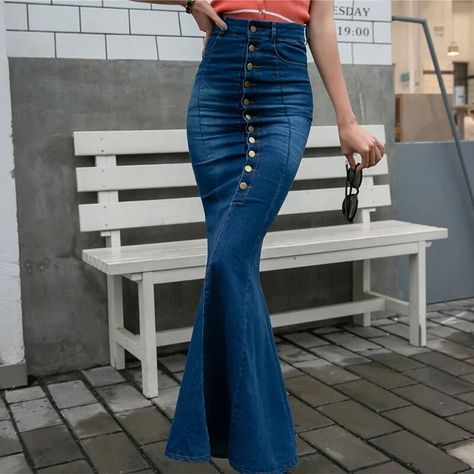 Womens Fashion Long Denim Skirts | Womens Long Mermaid Skirt Denim - Summer Autumn - Aliexpress Long Jean Skirt, High Waist Long Skirt, Slim Hips, Cheap Skirts, Skirts Women, Long Skirts For Women, Long Jeans, Mermaid Skirt, Long Skirts