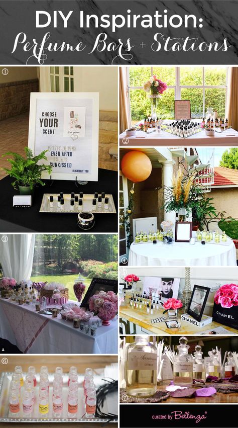 DIY Inspiration for a Perfume Bar at a Bridal Shower! #bridalshowers Fragrance Bar Display, Diy Perfume Bar Party, Make Your Own Perfume Bar, Perfume Station Wedding, Perfume Making Party, Perfume Bar Set Up, Perfume Bar Set Up Wedding, Wedding Scent, Perfume Workshop