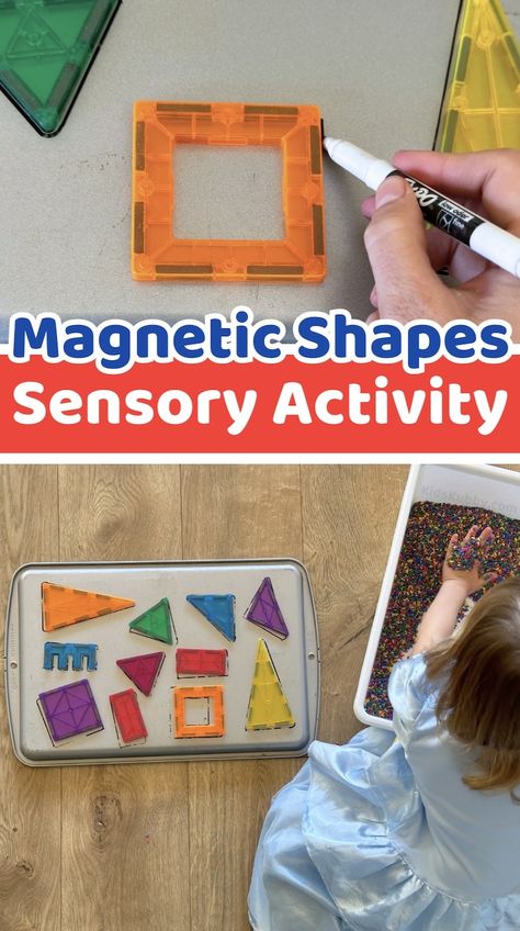 Magnetic Shapes Sensory Activity Shape Sensory Activities, Magnet Sensory Bin, Shapes Sensory Bin, Shape Sensory Bin, Sensory Activities For Preschoolers, Shapes For Toddlers, Toddler Lessons, Activity For Toddlers, Lesson Plans For Toddlers