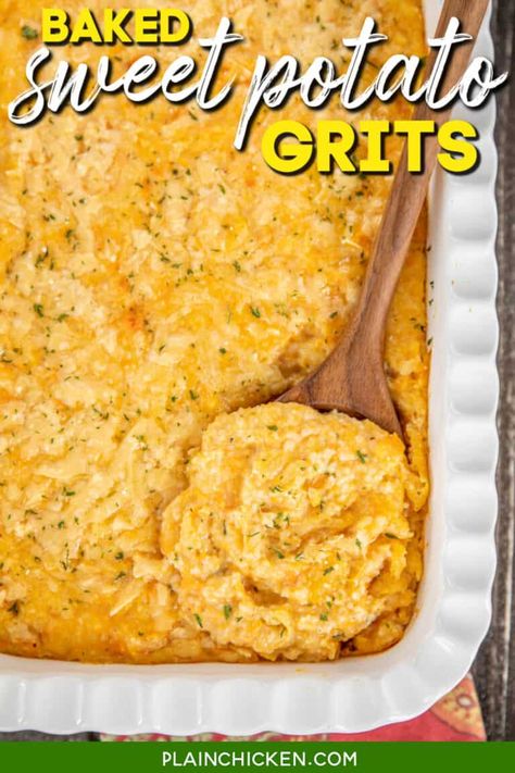 Baked Sweet Potato Grits with Gouda - Plain Chicken Baked Grits, Potato Cheese Casserole, Sweet Potato Cheese, Plain Chicken Recipes, Easy Holiday Side Dishes, Recipe Sweet Potato, Grits Casserole, How To Cook Grits, Sweet Potato Casserole Easy