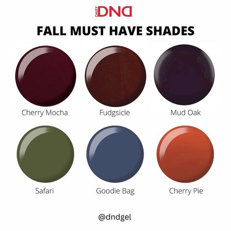 🍁🤧🤎 Fall is around the corner- feel the autumn breeze with our top 6 #DNDGelPolish Fall Shades every year! Available in Gel Polish and… | Instagram Fall Nails Dc Gel, Fall Nail Colors Pedicure, Fall Nail Polish Ideas, Fall Gradient Nail Colors, Fall Nail Colors Dnd Gel, Fall Shellac Nails Colors, Fall Nail Colors Dnd, Fall Mani Pedi Combos, Fall Pedi