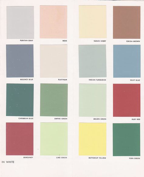 Vintage Goodness 1.0: Vintage Decorating - 1950's Paint Color Chip Brochures Vintage Paint Colors, Indoor Paint Colors, Californian Bungalow, Bungalow Ideas, Midcentury Interior, Indoor Paint, Vintage Colour Palette, Retro Color Palette, Vintage Decorating