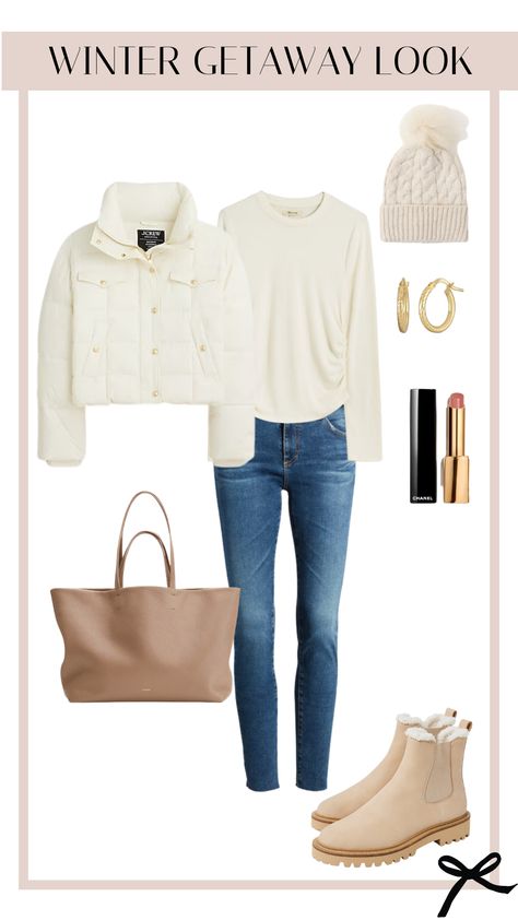 If you’re headed to the mountains, this would be a great outfit to pack. Cropped puffer jackets are on trend this season and I love this winter white color. The boots will keep your feet warm and dry if you’re walking around exploring. This large tote is a great travel bag to keep all your essentials in, whether you’re taking a plane, train, or car to your destination. This white puffy jacket and fur lined boots from J. crew are perfect for a casual winter look! Off White Puffer Vest Outfit, Cream Puffer Coat Outfit, White Puffy Jacket Outfit, White Puffer Coat Outfit, Cream Puffer Jacket Outfit, Winter Outfits Holiday, White Puffer Vest Outfit, Cropped Puffer Jacket Outfit, White Puffer Jacket Outfit