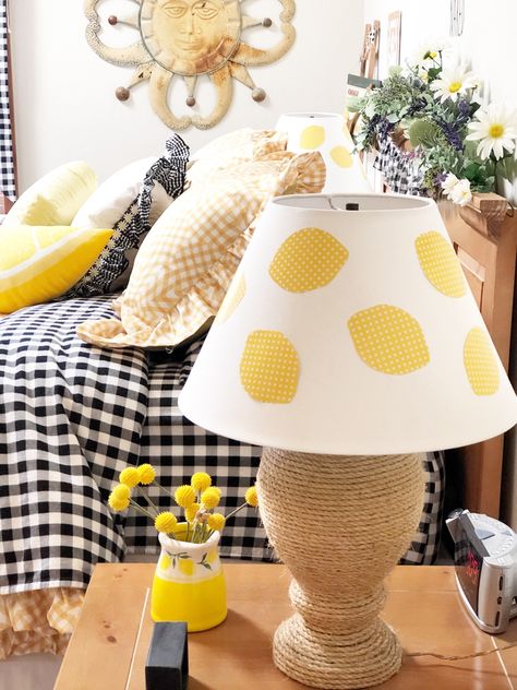 Lemon Room Decor, Lemon Nursery Theme, Gingham Bedspread, Yellow Farmhouse Bedroom, Fuchsia Bedroom, Lemon Bedroom, Buffalo Plaid Bedroom, Lemon Room, Lemon Nursery