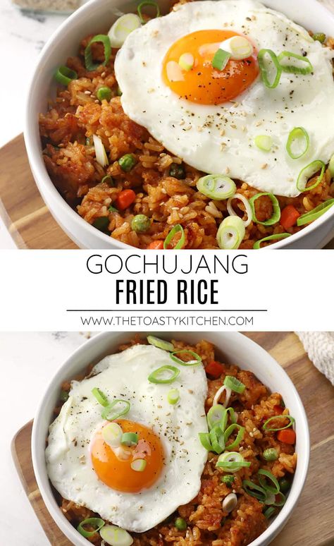 Gochujang fried rice recipe by The Toasty Kitchen. Gochujang fried rice is a simple weeknight meal to make with leftover cooked rice and veggies. This Korean fried rice dish is seasoned with a spicy gochujang sauce and topped with a sunny-side-up egg. #gochujangfriedrice #friedrice #weeknightmeals #comfortfood #simplemeals Korean Hamburger And Rice, Lunch Recipes Korean, Healthy Rice Lunch, Healthy Gochujang Recipes, Hayashi Rice Japanese Style, Kim Chee Fried Rice Hawaii, Chicken Gochujang Recipe, Leftover Fried Rice Recipes, Spicy Chicken Fried Rice