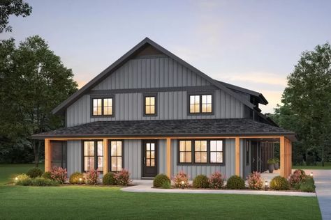 Metal Building Homes Floor Plans, Barndominium Farmhouse, Rustic Barndominium, Barn Plan, Wraparound Porch, Barndominium Floor Plans, Farmhouse Style House Plans, Porch Flooring, House Color