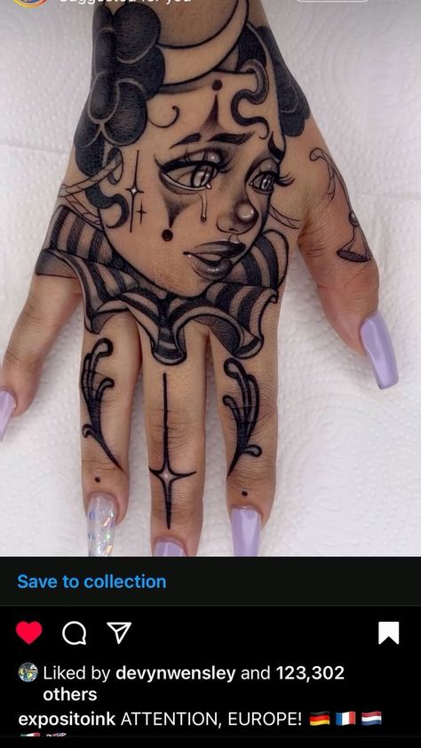 Cool Tattoos Medium Size, Womens Hand And Wrist Tattoos, Blackwork Hand Tattoo, Face Hand Tattoo, Dope Tattoos Creative, Small Face Tattoos, Soft Shading, Full Hand Tattoo, Cute Tattoos On Wrist