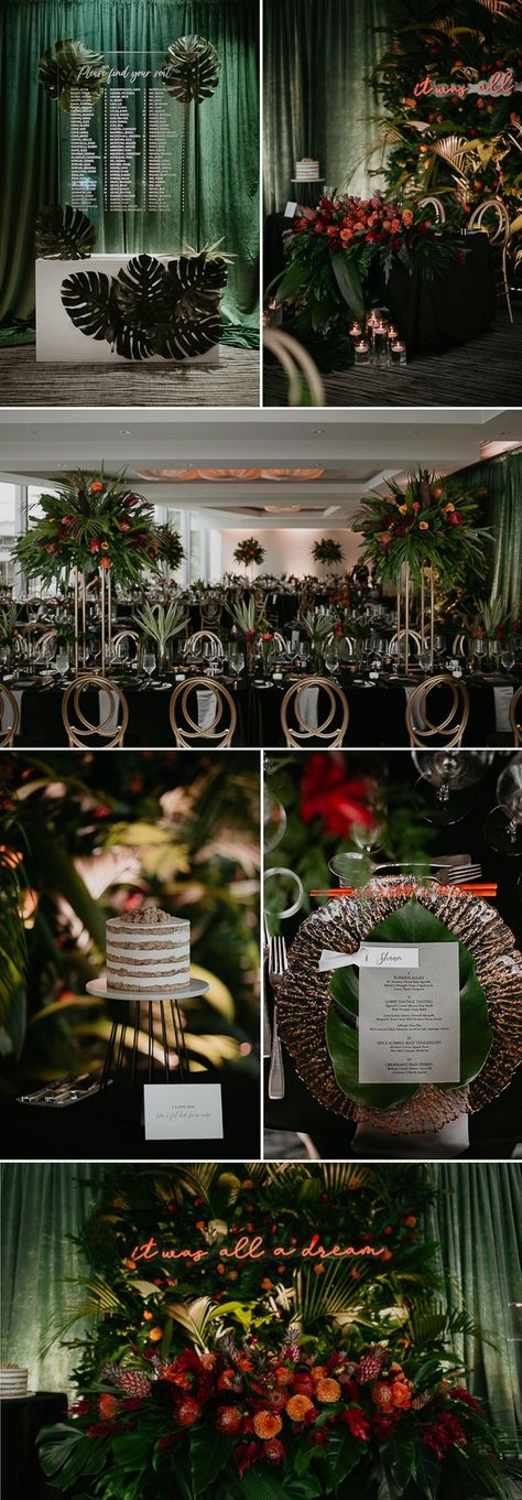 Lush tropical wedding decor inspiration for indoor weddings | Image by Meghan Hemstra Dark Tropical Wedding, Dark Modern Wedding, Emerald Green Color Palette, Dark Tropical, Jungle Wedding, Smith Wedding, Tropical Wedding Decor, One Day Bridal, Boda Ideas