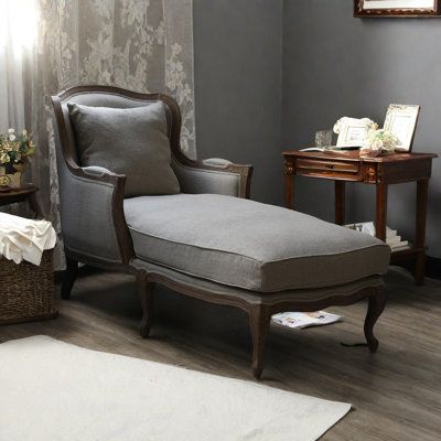 Embrace the classic, enjoy elegance. This vintage chaise lounge carries the mark of time, allowing you to revisit refined living and experience comfort and prestige. Smith Thera Upholstery Color: Gray | Smith Thera Vintage Indoor Chaise Lounge Upholstered Chaise Lounge / brownWood in Gray | 36.81" H X 27.17" W X 58.27" L | Wayfair Vintage Chaise Lounge, Vintage Chaise, Upholstered Chaise Lounge, Upholstered Chaise, Chaise Vintage, Chaise Lounges, Reading Nook, Furniture Chair, Chaise Lounge