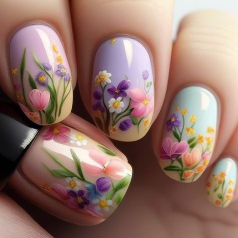 spring nails Acrylic Nail Designs Floral, Classy Summer Nails 2023, Spring Nails Flowers Floral Design, Floral Nails 2023, New Nail Designs 2023, Persephone Nails, Spring Flowers Nails, Spring Flower Nail Designs, Summer Floral Nails