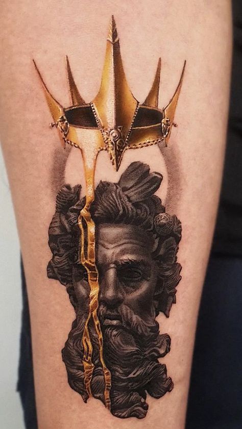 Gold Tattoo Ink, Zeus Tattoo, Cool Forearm Tattoos, Gold Tattoo, Chest Piece Tattoos, Greek Tattoos, Tatuaje A Color, Full Sleeve Tattoos, Small Tattoos For Guys