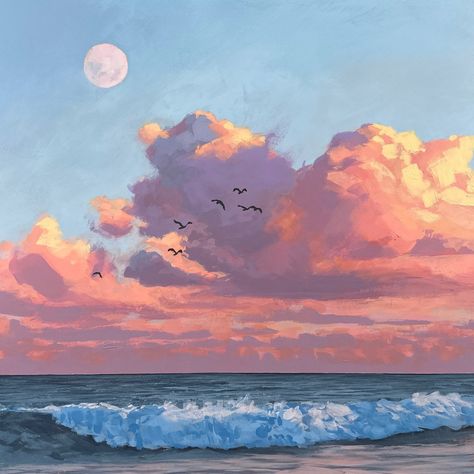 Moon Banner, Cloud Painting Acrylic, 2023 Art, Lovely Photo, Sky Painting, Sea Painting, Cloud Painting, Arte Inspo, Ocean Painting