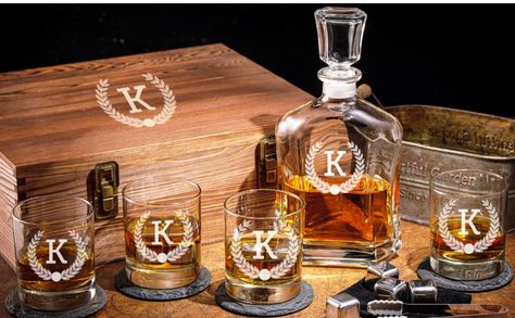 Imagine the expression on their face when they open a personalized whiskey decanter set… the stand-out gift that will never be forgotten! Perfect for​ any bourbon, whiskey, or scotch lover, this one of a kind personalized gift will be treasured for a lifetime. Great for your groomsmen, best man, and more... makes a great Father’s Day, Birthday, or housewarming gift! Whiskey Gift Box, Liquor Decanter Set, Groomsmen Gift Ideas, Party Wedding Favors, Personalized Whiskey Decanter Set, Glass Whiskey Decanter, Personalized Whiskey Decanter, Personalized Whiskey Glass, Whiskey Decanter Set