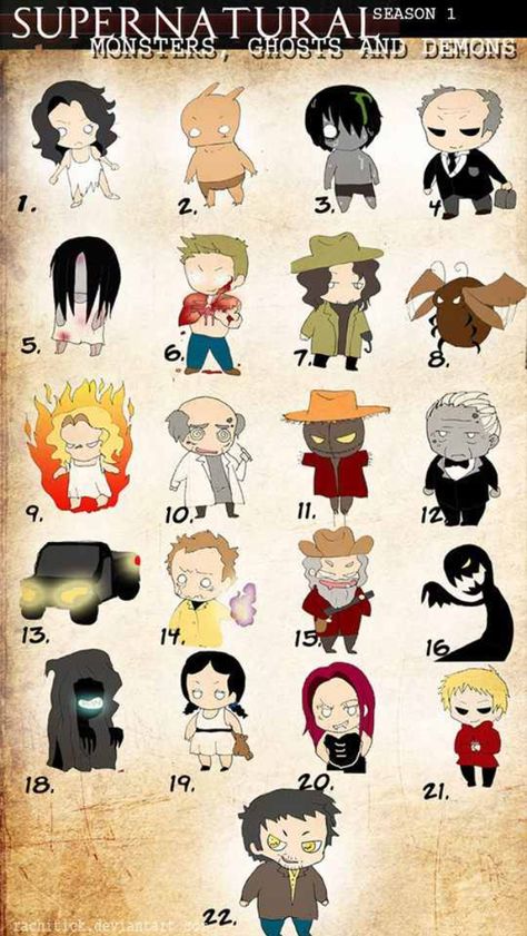 Super cute villains from Supernatural Season 1 Yellow Eyed Demon, Supernatural Monsters, The Poltergeist, Human Meat, Unfaithful Men, Supernatural Cartoon, Impala 67, Supernatural Drawings, Supernatural Fan Art