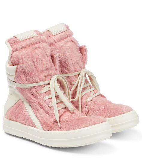 Rick Owens Sneakers Outfit, Pink Rick Owens, Rick Owens Geobasket, Rick Owens Shoes, Rick Owens Sneakers, Patchwork Boots, Pink Milk, Pony Hair, Fur Boots