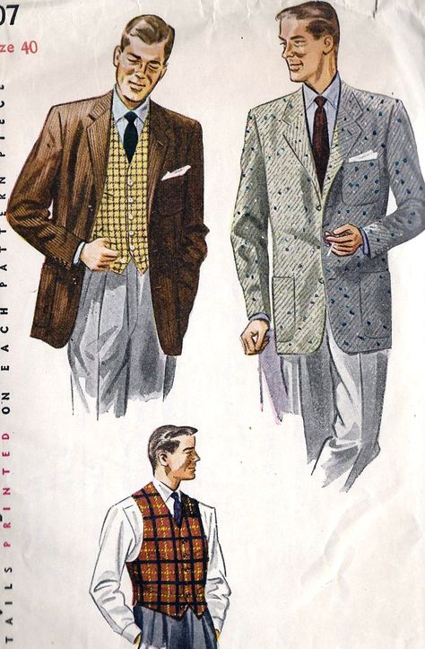 1950s Mens Jacket and Vest 1950s Men, 1950s Mens Fashion, Men In Suits, Mens Sewing Patterns, 1950s Mens, Vintage Fashion 1950s, Look Retro, Fashion 1950s, Vintage Mens Fashion