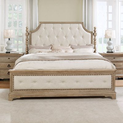 This Pennington Tufted Standard Bed means to create an elegant, yet cozy haven for sleep. A majestic headboard and low profile footboard are upholstered in premium materials with deep button tufts and nail head-trimmed around. The gorgeous traditional design of this bed showcases a solid wood construction in a whitewash. Popular size options. This bed includes a headboard, footboard, and two side rails. This collection includes queen size bed, king-size bed, dresser, mirror, chest, and nightstan Simple Bed Designs, Bed Wood, Bed Design Modern, Standard Bed, Upholstered Panel Bed, Simple Bed, Wayfair Furniture, Wooden Bed Frames, Upholstered Panels